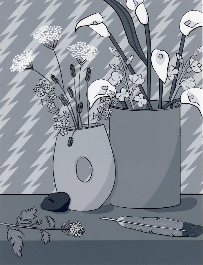 A print of two vases with flowers and a feather laying next to them
